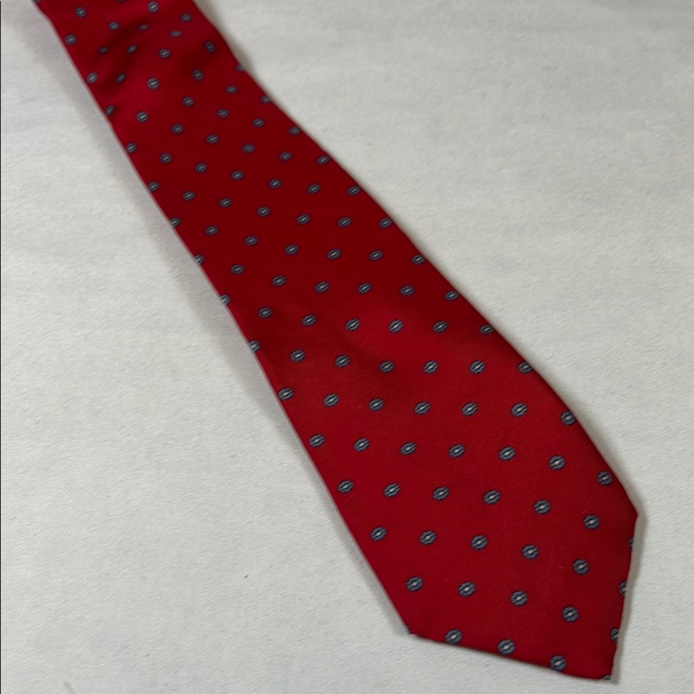 Envoy Handmade Red Silk Tie with Blue Geometric Floral Print Necktie